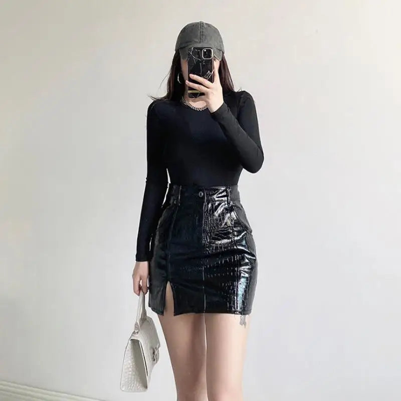 Hot Girl Black Leather Short Wrap Hip Skirt Bottom