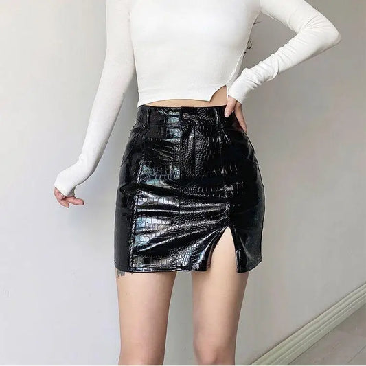 Hot Girl Black Leather Short Wrap Hip Skirt Bottom