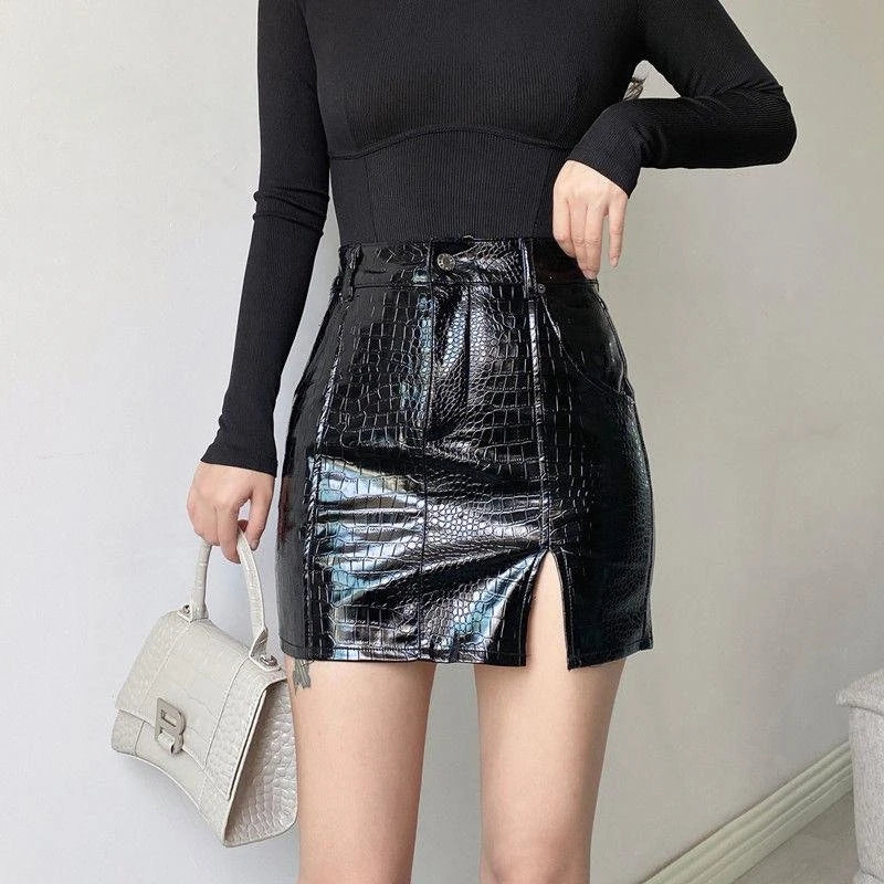 Hot Girl Black Leather Short Wrap Hip Skirt Bottom