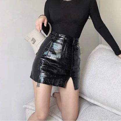 Hot Girl Black Leather Short Wrap Hip Skirt Bottom