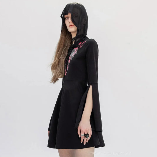 Gothic V-collor Print Mesh Stitching Long Sleeve Dress