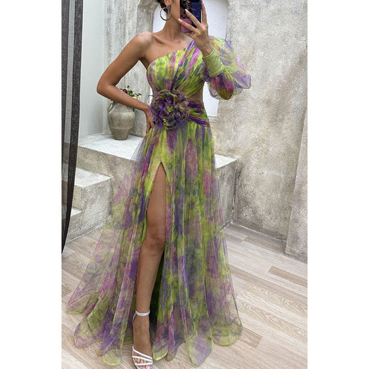 Party Mesh Sloping Shoulder Dress Casual Dress for