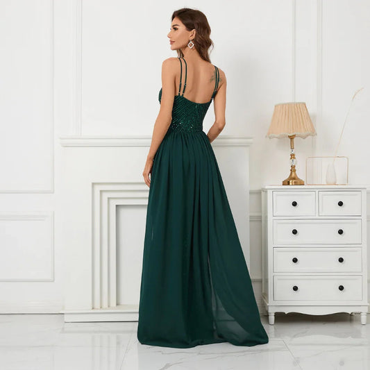 Off Shoulder Tassel Sequin Evening Dress with Cross Back - Green