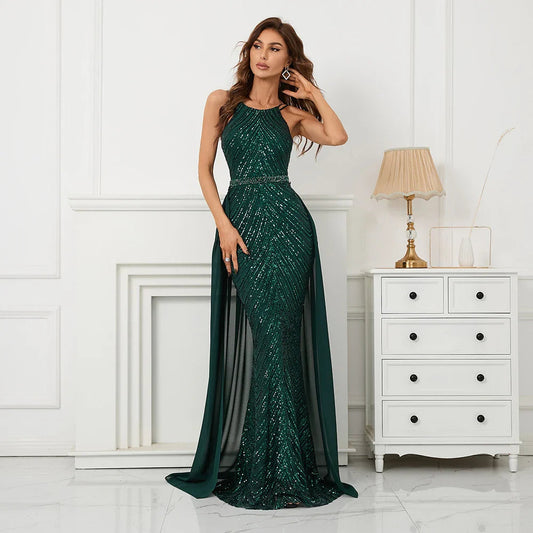 Off Shoulder Tassel Sequin Evening Dress with Cross Back - Green