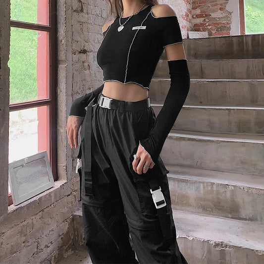 Patchwork Black Gothic One Shoulder Ruffles Hem Hip Hop Techwear Crop Tops