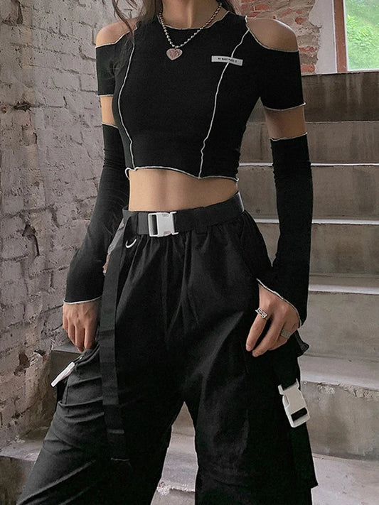 Patchwork Black Gothic One Shoulder Ruffles Hem Hip Hop Techwear Crop Tops