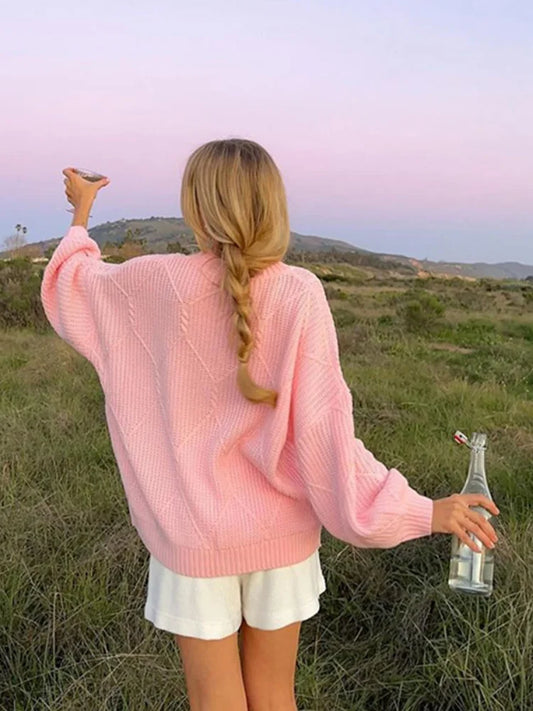 Pink O Neck Ribbed Knitted Sweater For Women Fashion Lantern Long Sleeve Sweater