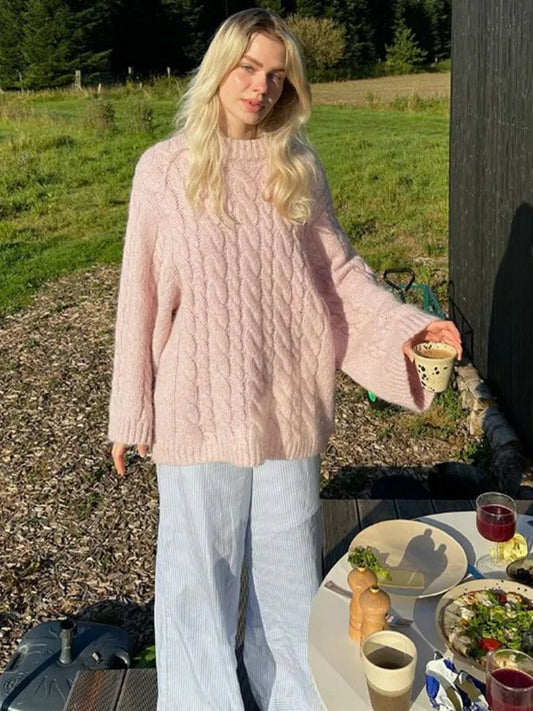 Pink Ribbed Knitted Round Neck Oversized Women Long Sleeve Classic Sweater