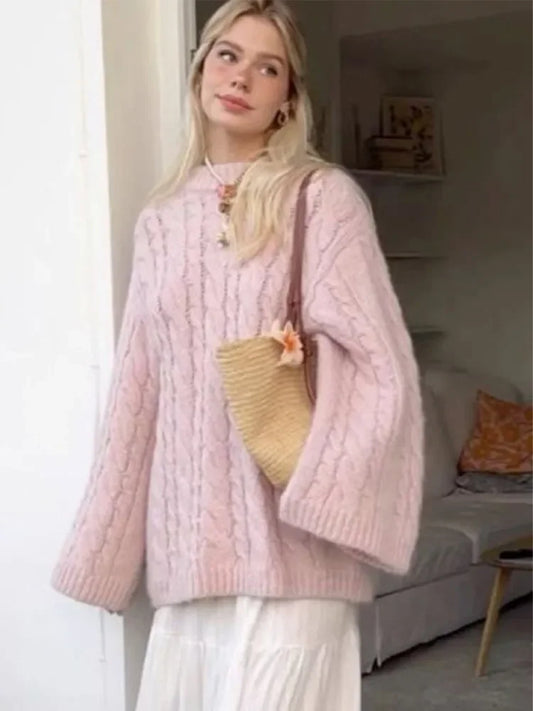 Pink Ribbed Knitted Round Neck Oversized Women Long Sleeve Classic Sweater