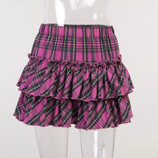 Pink Japanese College Youth Girl Plaid High Waist Slim Skirt