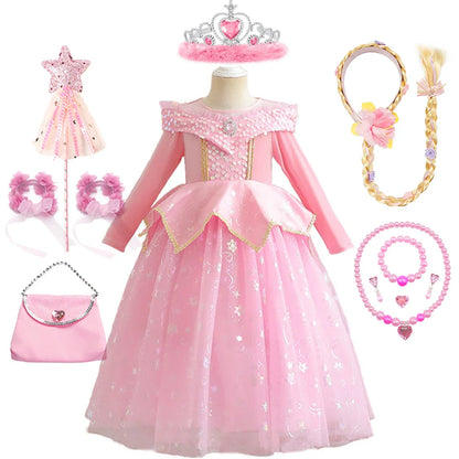 Pink Sleeping Beauty Aurora Cosplay Spring Autumn Birthday Party Elegant Princess Kid Costume