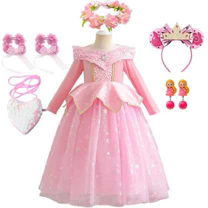 Pink Sleeping Beauty Aurora Cosplay Spring Autumn Birthday Party Elegant Princess Kid Costume