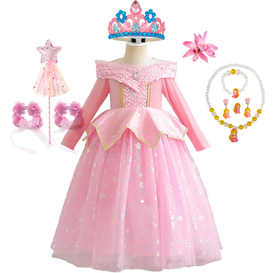 Pink Sleeping Beauty Aurora Cosplay Spring Autumn Birthday Party Elegant Princess Kid Costume