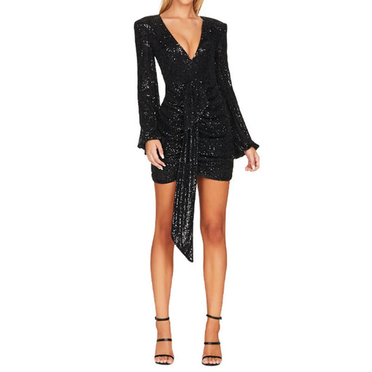 FashionSierra - Plunging Neck Sequin Bodycon Sparkly Club Mini Long Sleeve Slim Fit Elegant Female V-Neck Wrap Hip Dress