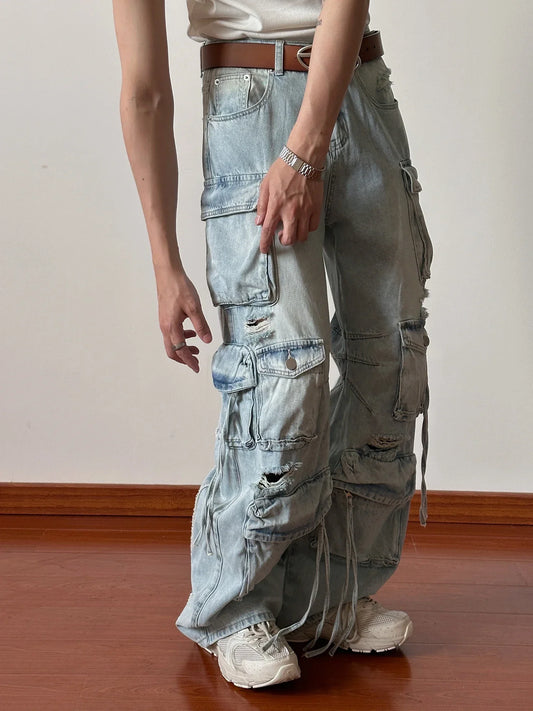 Solid Jeans Men's Design Sense Hip-hop Hole Washed Mid-waist Loose Drag Wide Pants