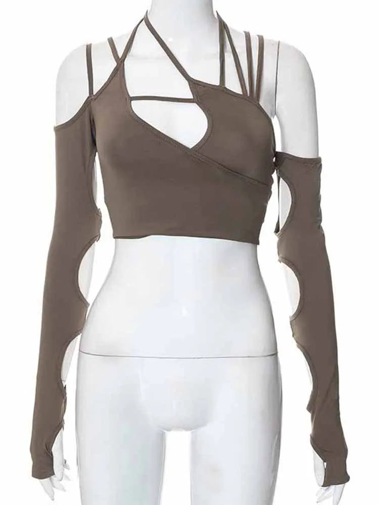 FashionSierra - Halter Gothic Egirl Patchwork Long Sleeve Sexy Cut Out Crop Tops