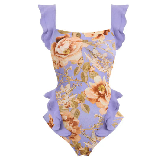 Purple Floral Lace Strap Cross Back One Piece onepiece-250223