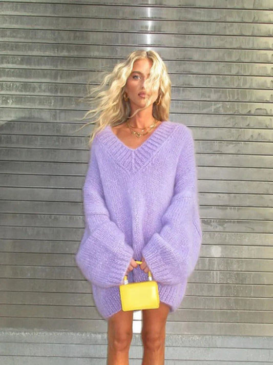 Purple Lantern Long Sleeve Oversized Jumper Top Women Fashion V Neck Sweater