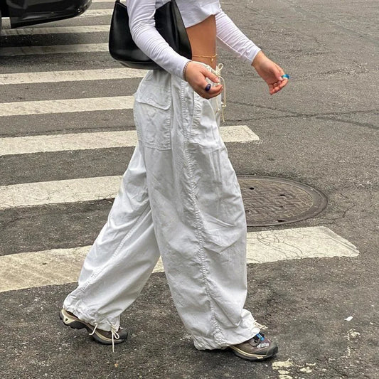 Women Hip Hop Parachute Cargo Pants Low Waist Streetwear Casual Loose Wide Leg Pants