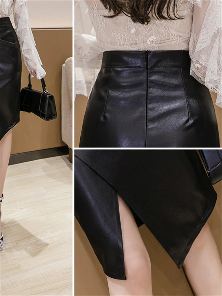 New PU Leather Office Lady High-Waist Slim Midi Skirt Bottom