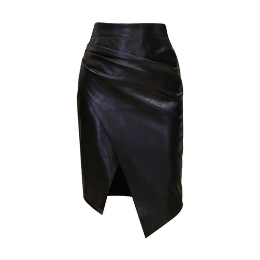 New PU Leather Office Lady High-Waist Slim Midi Skirt Bottom