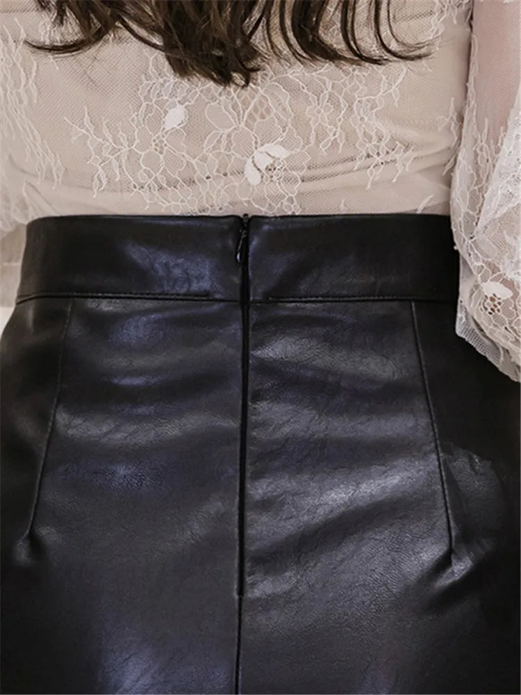 New PU Leather Office Lady High-Waist Slim Midi Skirt Bottom