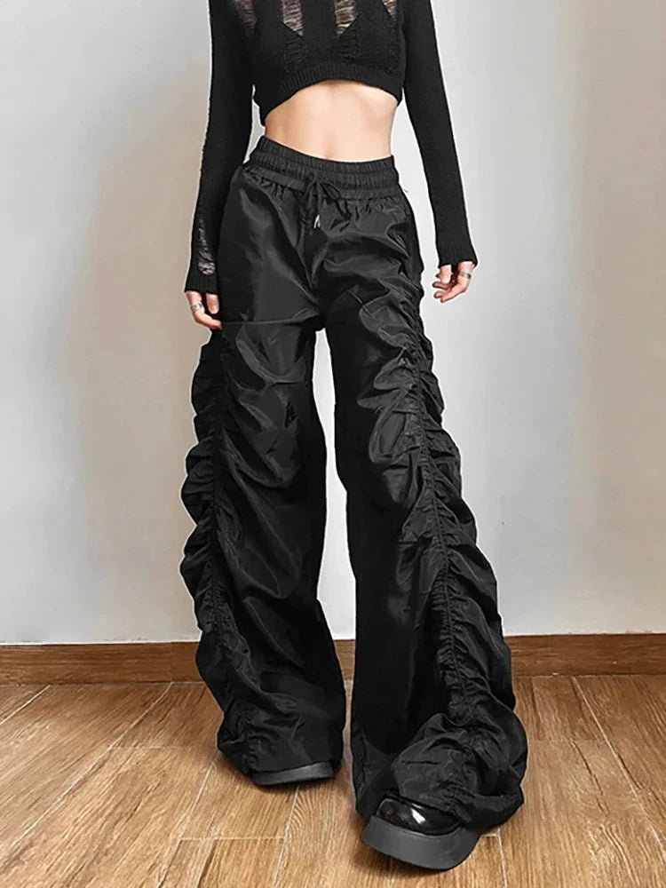 Solid Black Shirring Halloween Pants