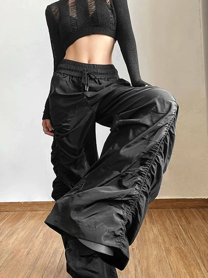 Solid Black Shirring Halloween Pants