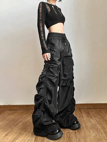 Solid Black Shirring Halloween Pants