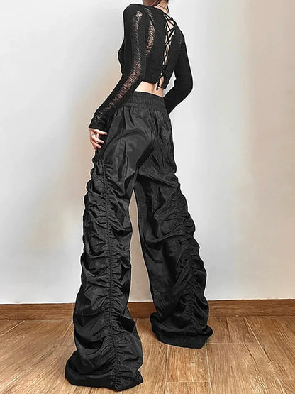 Solid Black Shirring Halloween Pants