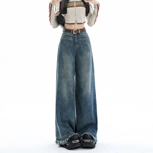 Female 2024 New High-Waisted Loose Light-Colored Design Sense Niche Drag Jeans