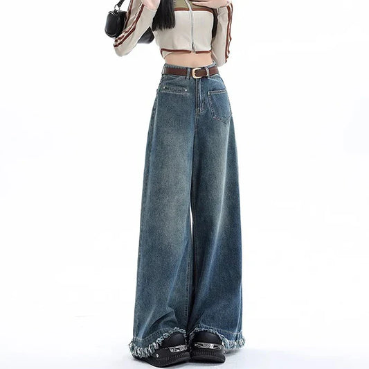 Female 2024 New High-Waisted Loose Light-Colored Design Sense Niche Drag Jeans