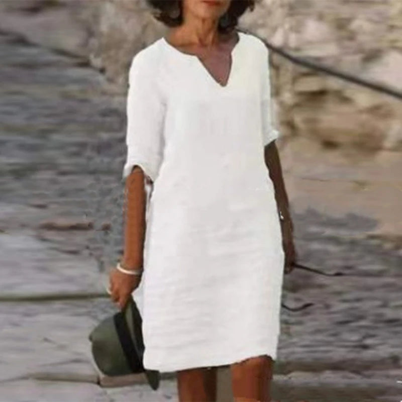FashionSierra - 2024 Plus Size Retro Cotton Linen V Neck Boho Dress