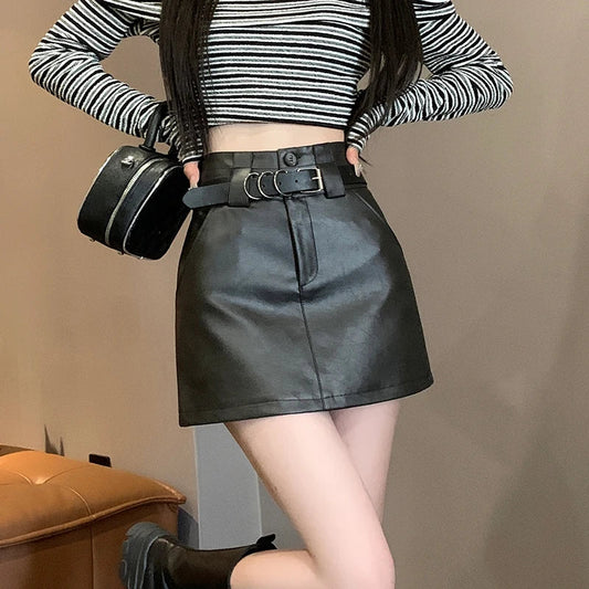 FashionSierra - High Waist A-line PU Mini Women New Fashion Autumn Winter Short Leather Ladies Sexy Package Hip Skirt