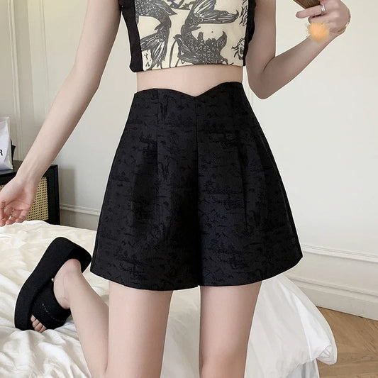 Retro High Waist Draped Bud New Wide-leg Black/Apricot Shorts Women 2024 Shorts