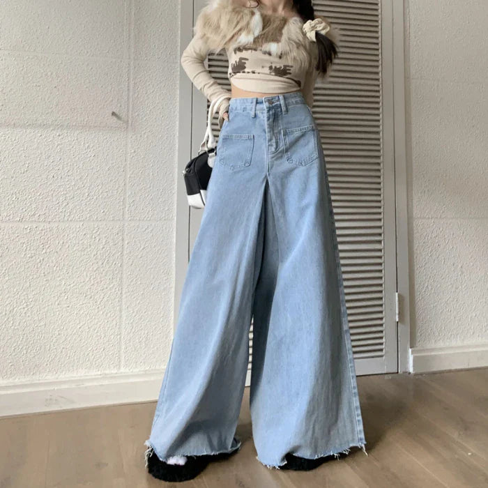 Wide-Legged Trousers Female New Burlap Design Versatile Loose Thin Skirt Jeans