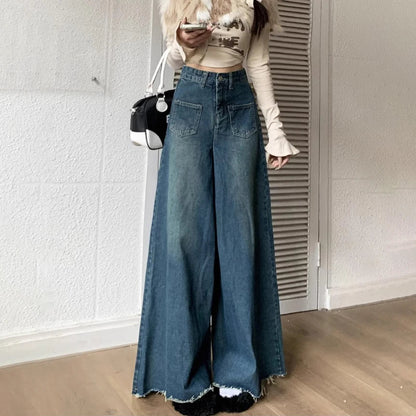 Wide-Legged Trousers Female New Burlap Design Versatile Loose Thin Skirt Jeans