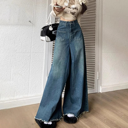 Wide-Legged Trousers Female New Burlap Design Versatile Loose Thin Skirt Jeans