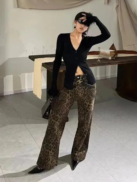 Retro Leopard Print Casual Harajuku High Waist Loose Fashion Trouser