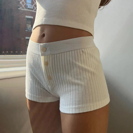 Striped Button Slim Patchwork Elastic High Waist Cotton Straight Pant Casual Shorts