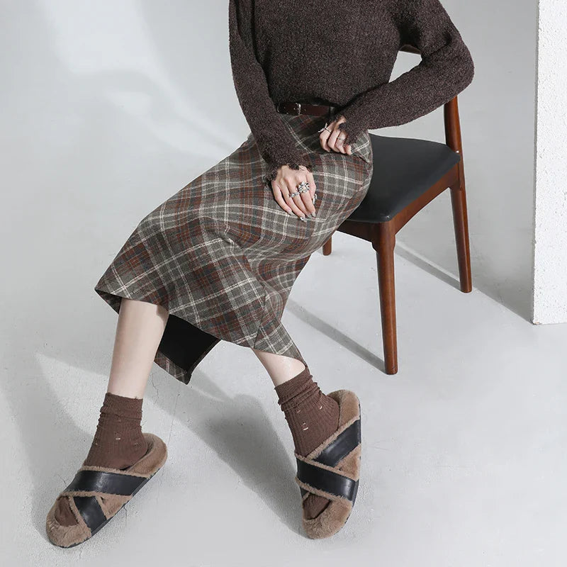 Retro Woolen Plaid Womens Fashion Autumn Winter Wool High Waist A-line Midi Ladies Casual Long Skirt