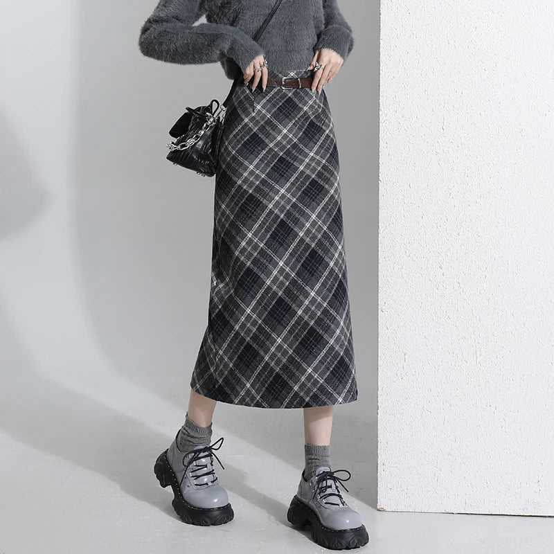 Retro Woolen Plaid Womens Fashion Autumn Winter Wool High Waist A-line Midi Ladies Casual Long Skirt