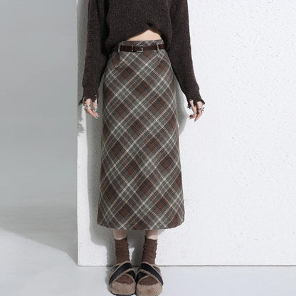 Retro Woolen Plaid Womens Fashion Autumn Winter Wool High Waist A-line Midi Ladies Casual Long Skirt