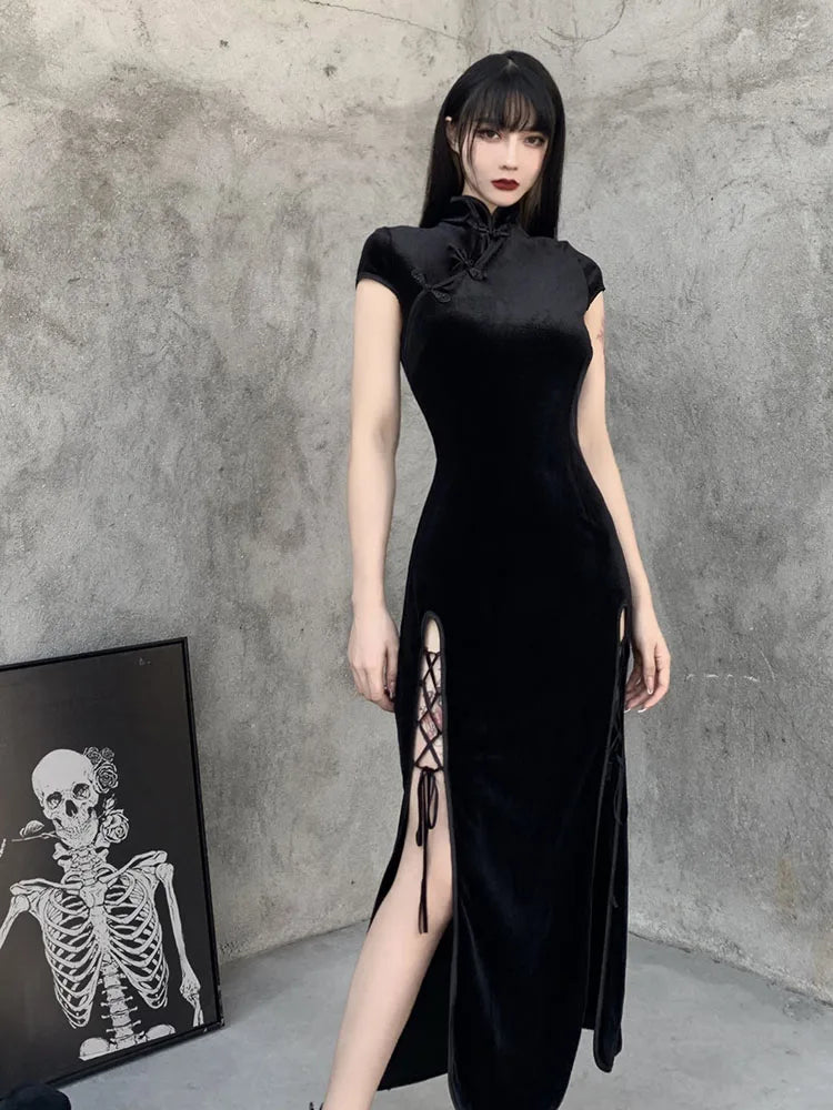 FashionSierra - Gothic Velvet Aesthetic Women Black Bandage SlitHem Bodycon Evening Wear Cheongsam Midi Dress