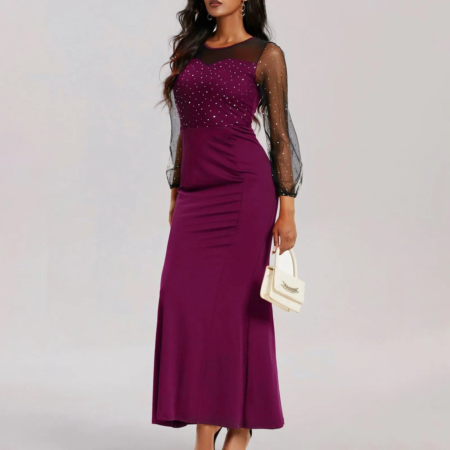 FashionSierra - Round Neck See-Through Lantern Sleeves Sheath Fashion Party Elegant Luxury Dress