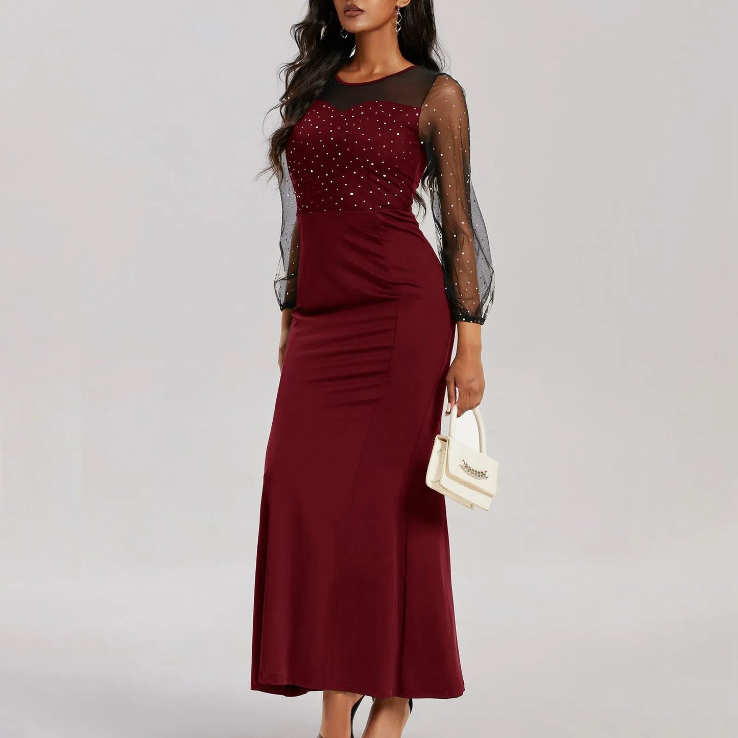 FashionSierra - Round Neck See-Through Lantern Sleeves Sheath Fashion Party Elegant Luxury Dress