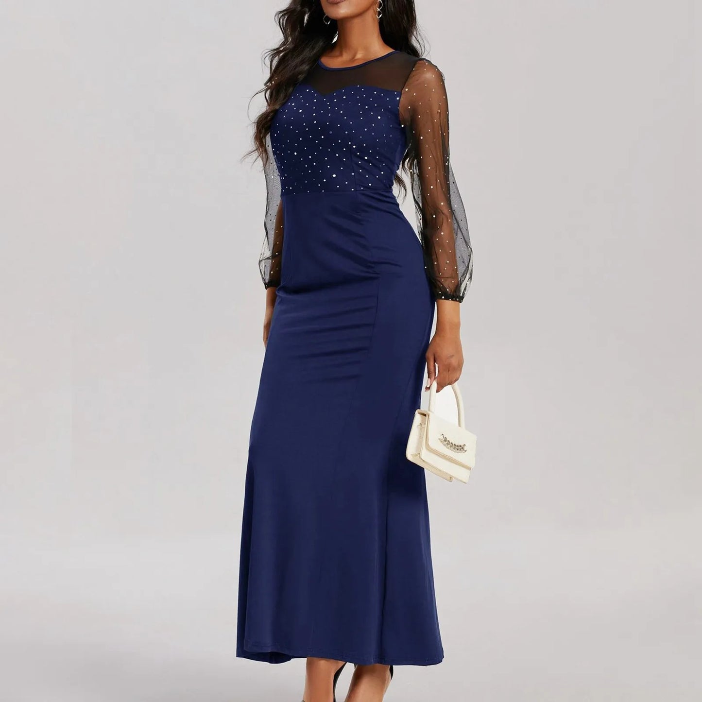 FashionSierra - Round Neck See-Through Lantern Sleeves Sheath Fashion Party Elegant Luxury Dress