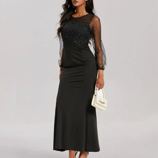 FashionSierra - Round Neck See-Through Lantern Sleeves Sheath Fashion Party Elegant Luxury Dress