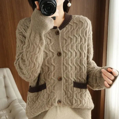 Round Neck Button Fringe Stereoscopic Pockets Knitted Sweater