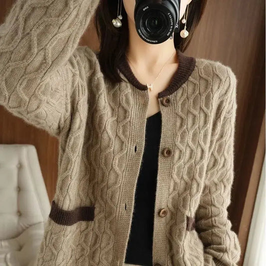 Round Neck Button Fringe Stereoscopic Pockets Knitted Sweater